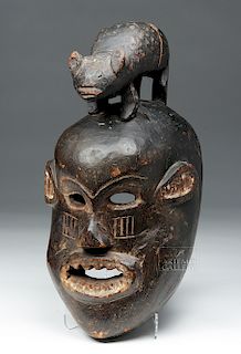 Early 20th C. African Widekum Wooden Mask w/ Animal