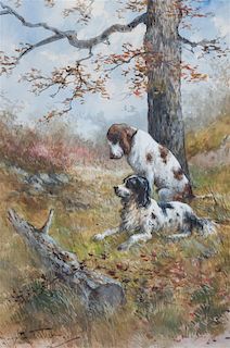 Hugo Anton Fisher, (American, 1854-1916), Two Sporting Dogs Beneath a Tree