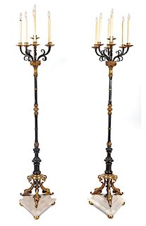 A Pair of Seven-Light Wrought Iron Torcheres Height 79 1/2 inches.