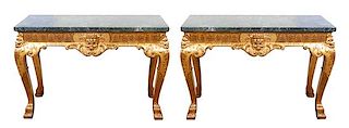 A Pair of George II Style Giltwood Console Tables Height 33 1/2 x width 48 x depth 20 inches.