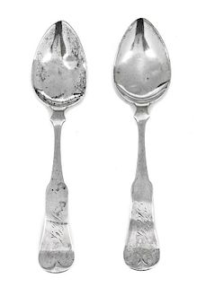 Two American Coin Silver Tablespoons, D.C. Jaccard & Co., St. Louis, MO, Late 19th Century, of fiddle-form.