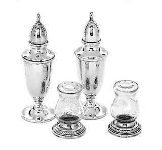 A Group of Four American Silver Salt Shakers, Mermod Jaccard King and Newport Sterling, the Newport shakers with glass tops and