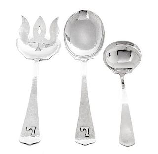 * An American Silver Salad Serving Set, Redlich & Co., Chicago, IL, with applied "L" monograms and hammered surfaces, together w