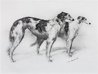 * Three Works of Art depicting Borzoi Largest: 17 1/2 x 23 1/2 inches.