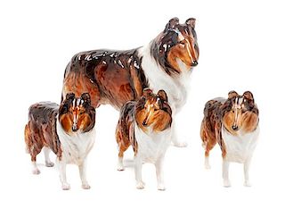 * A Group of Four Royal Doulton Porcelain Collies Width of widest 10 1/2 inches.