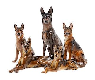 * A Group of Five Rosenthal Porcelain German Shepherds Height of tallest 8 1/4 inches.