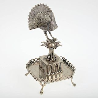 Continental Judaic silver spice tower with peacock