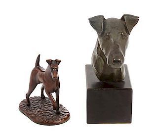 * Two Bronze Wire Fox Terrier Sculptures Height of taller 8 1/2 inches.