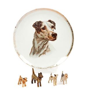 * A Group of Five Wire Fox Terrier Articles Diameter of plate 9 3/4 inches.