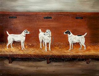 * An Oil Painting depicting Wire Fox Terriers 13 3/4 x 17 1/2 inches.