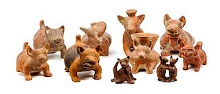 * Ten Colima Mexican Terracotta Stylized Dog Vessels Width of widest 12 1/2 inches.