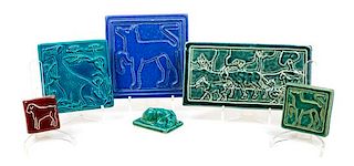 * Six Glazed Tiles depicting Stylized Dogs Width of widest 11 inches.