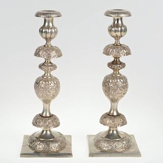 Pair Continental Judaic silver sabbath candlesticks