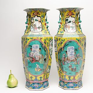 Pair, Chinese Large Famille Jaune Vases