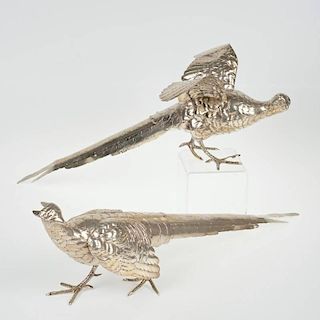 Pair large sterling silver pheasants by Cartier