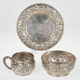 Dominick & Haff silver repousse plate, bowl and mug