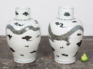 Pair, Chinese Blue & White Dragon Floor Vases