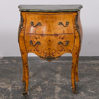 Louis XV Style Burl Olive Marble Top Bombe Commode