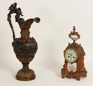 2 PC.;  BRONZE FIGURAL EWER AND SEVRES STYLE CLOCK
