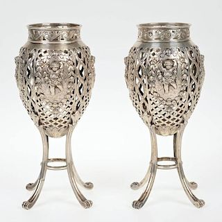 Nice pair Continental silver potpourri urns
