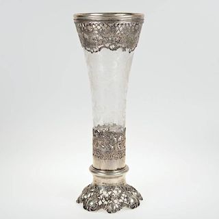Continental .800 silver mounted engraved glass vase
