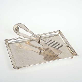 Austro-Hungarian silver asparagus tongs and tray