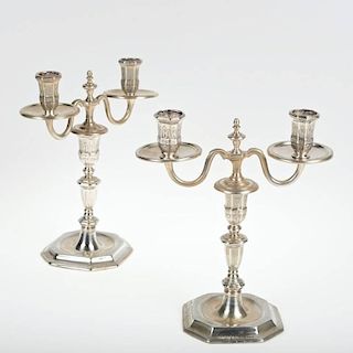 Pair early French silver 2-part candelabra