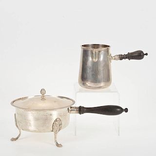 (2) Continental silver and turned wood warmers