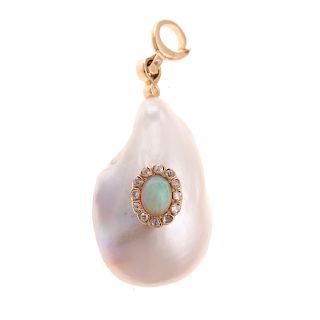 A Ladies Baroque Pearl, Opal & Diamond Pendant