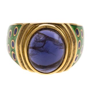 A Green Enamel and Lolite Ring in 18K