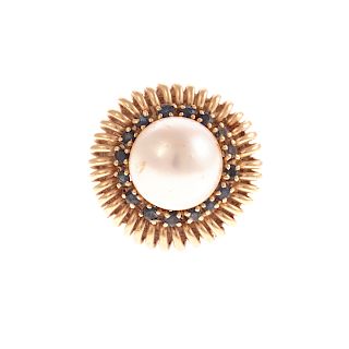 A Mabe Pearl & Sapphire Ring in 14K
