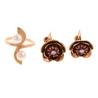 A Pair of Ruby Flower Earrings & Pearl Ring