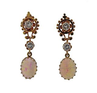 14k Gold Diamond Opal Drop Earrings 