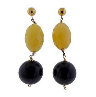 18k Gold Onyx Quartz Drop Earrings 