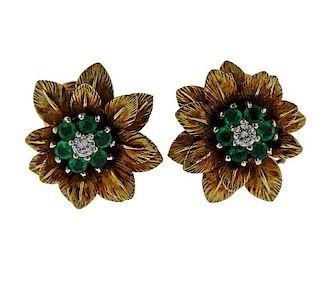 Krementz 14k Gold Diamond Emerald Earrings 