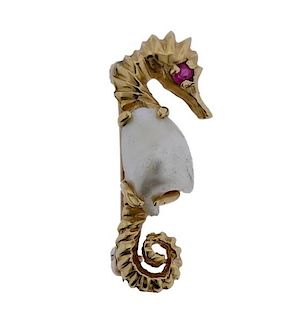 14k Gold Pearl Seahorse Brooch Pin 