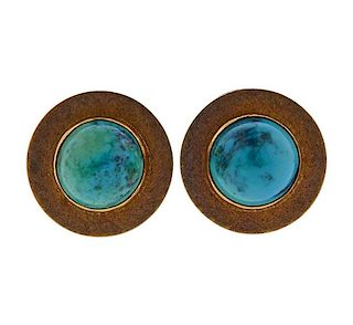 18k Gold Turquoise Button Earrings 