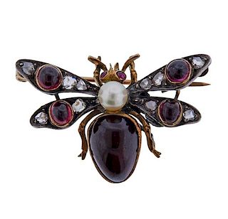 Antique Gold Silver Diamond Gemstone Insect Brooch 
