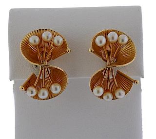 Mid Century Retro 14k Gold Pearl Swirl Earrings 