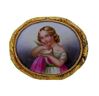 Antique Hand Painted Porcelain 14k Gold Portrait Brooch 