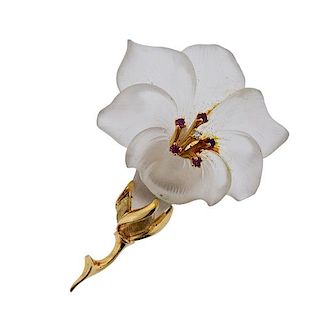 BaumF 14k Gold Frosted Crystal Diamond Flower Brooch 