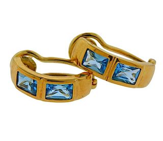 18k Gold Blue Topaz Half Hoop Earrings 