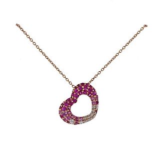 18K Gold Diamond Pink Sapphire Heart Pendant Necklace 
