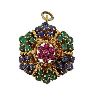 18K Gold Emerald Ruby Sapphire Charm Pendant