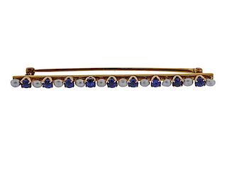 Antique 14K Gold Pearl Blue Stone Bar Brooch Pin