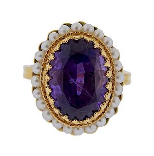 14K Gold Purple Stone Pearl Ring