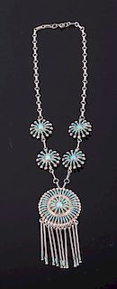 Signed Zuni Petite Point Turquoise/Silver Necklace