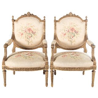 Pair Louis XVI Style Carved Giltwood Fauteuils
