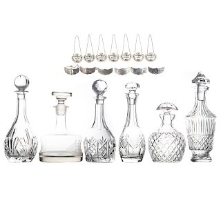 Six Crystal Decanters and 12 Liquor Tags