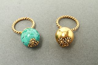 14K Gold & Turquoise Floral Sphere Ball Rings 2